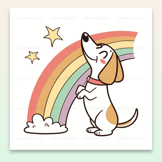 Chien joyeux sous un arc-en-ciel, style cartoon, pour décoration et projets DIY.