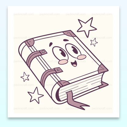 Illustration kawaii d'un livre souriant avec des étoiles, idéale pour des projets éducatifs créatifs