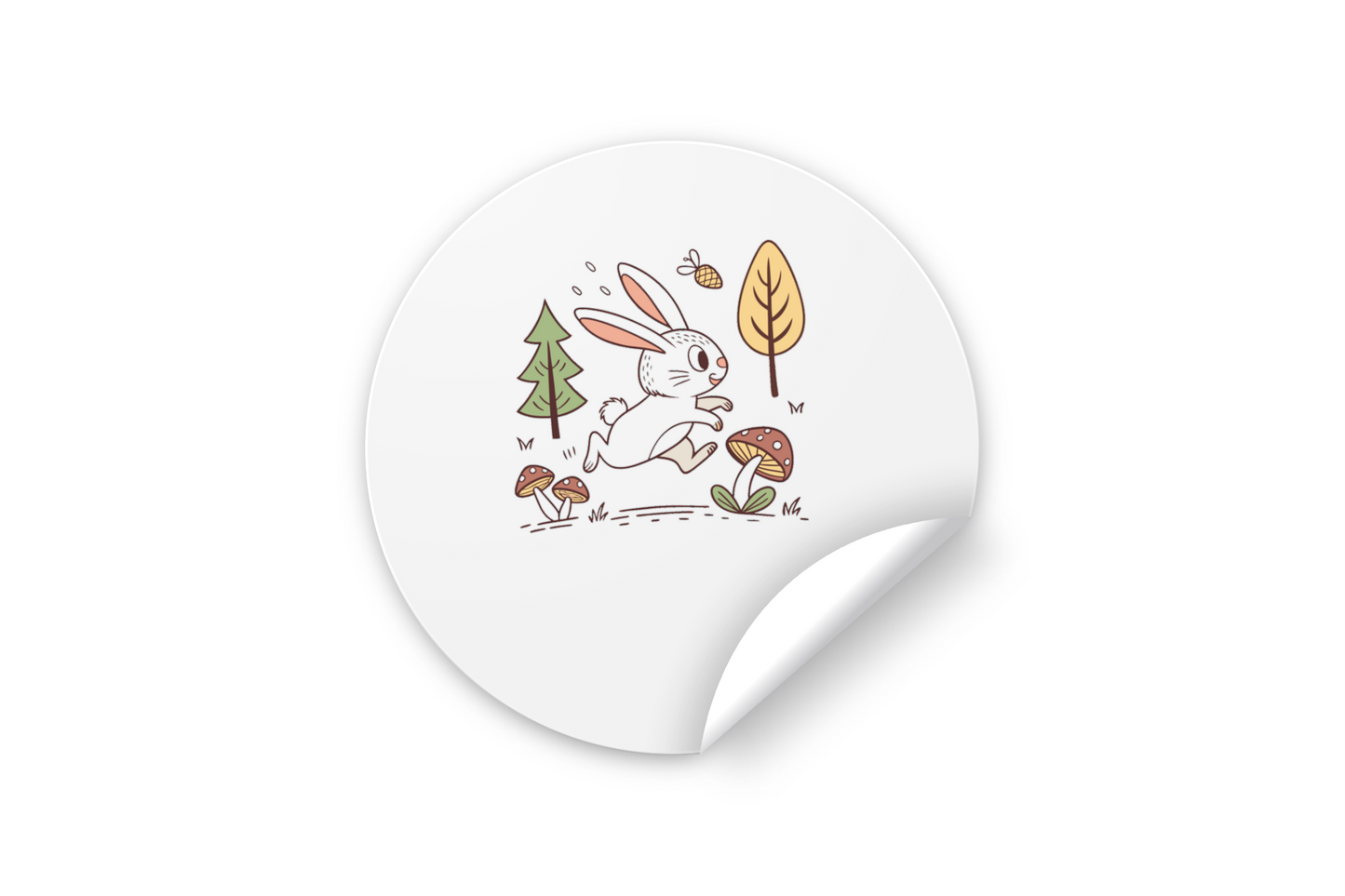 Sticker avec un lapin joyeux sautillant dans une forêt avec des couleurs apaisantes