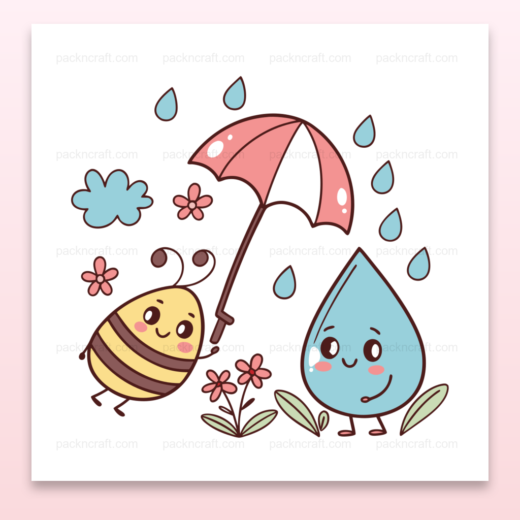 Illustration d'une abeille avec goutte et parapluie, idéale pour DIY et décoration