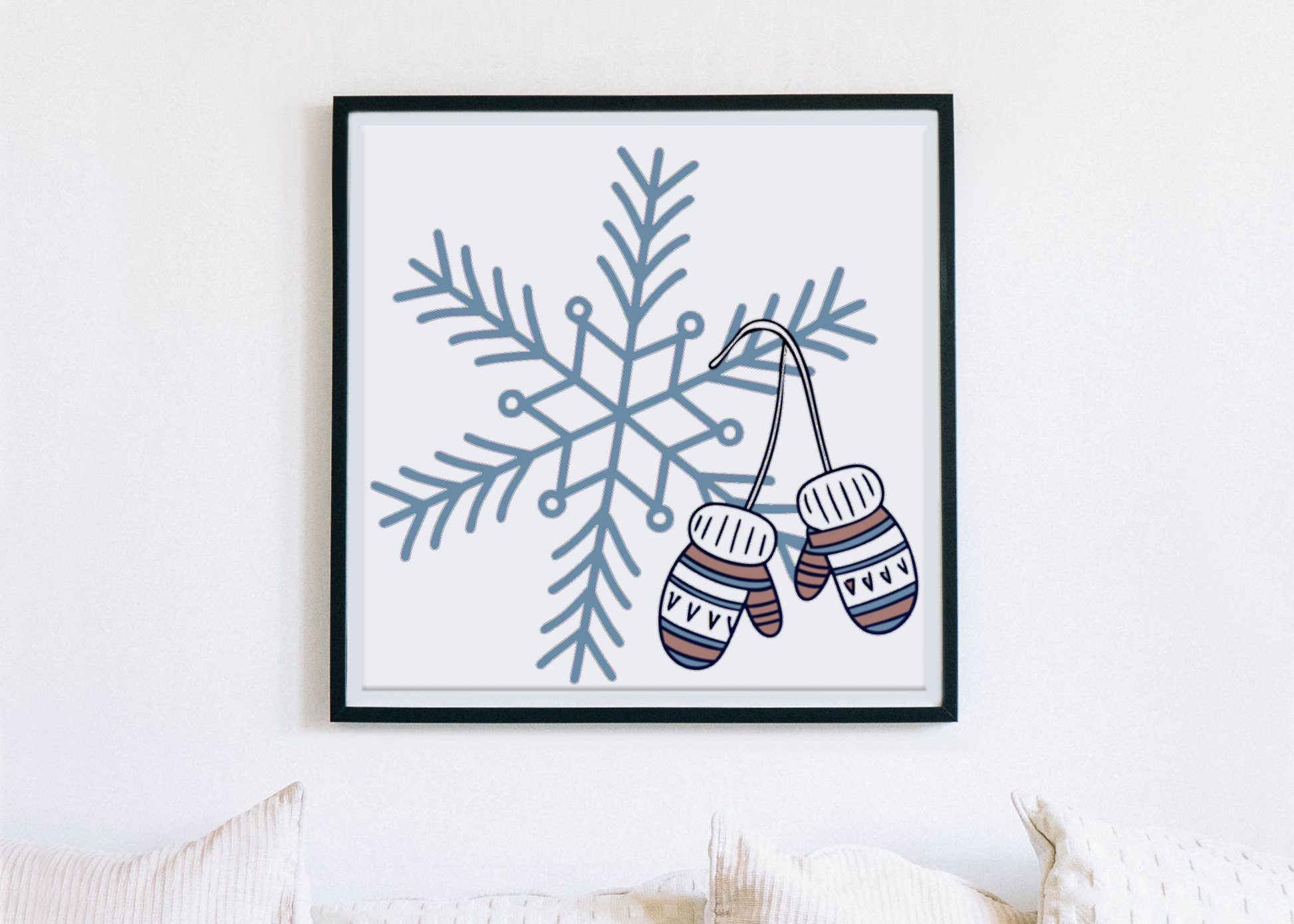 Cadre élégant avec un flocon de neige enchanteur et des moufles graphiques