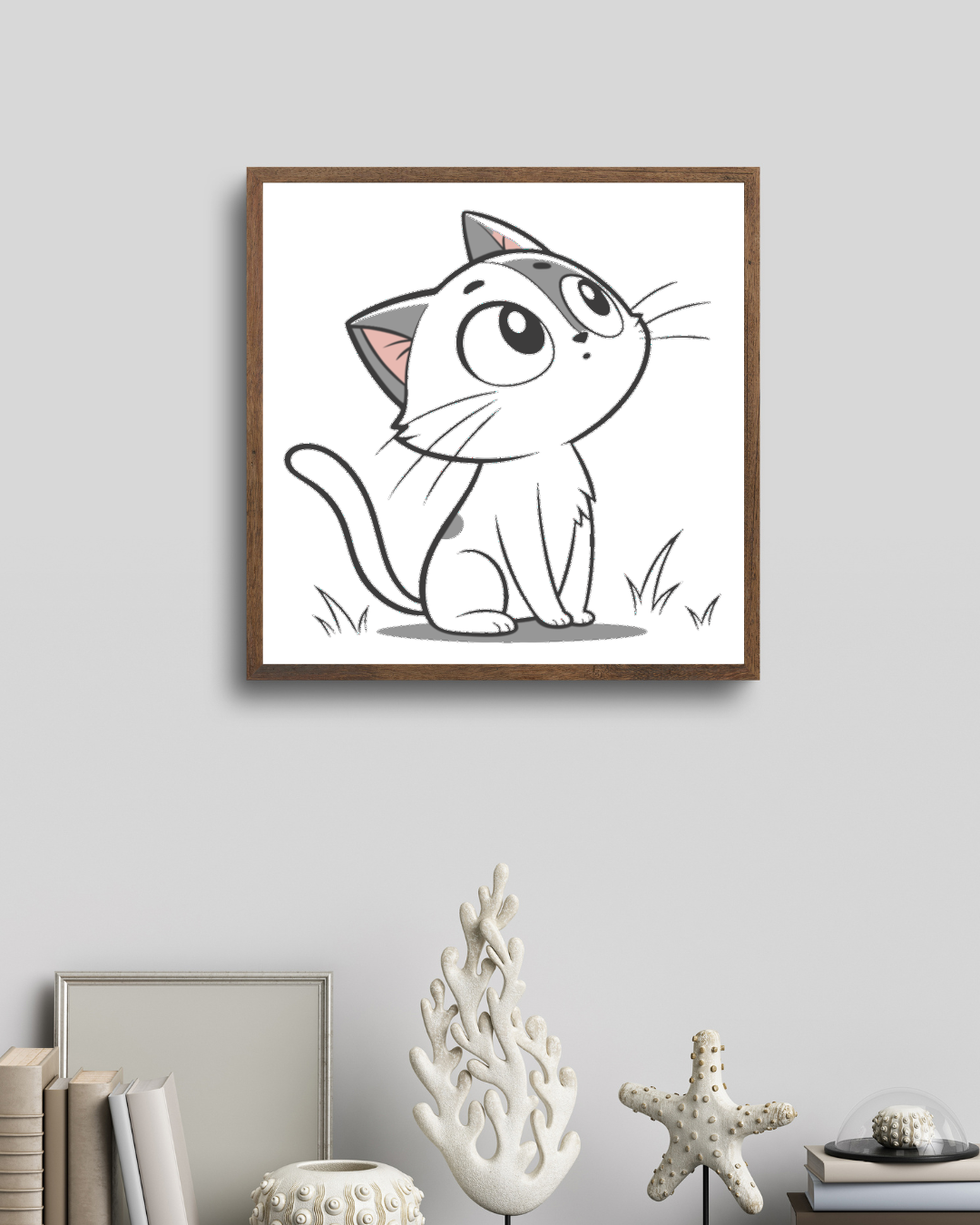 Cadre moderne décoré d'un chat minimaliste en quête, parfait pour la nature apprivoisée