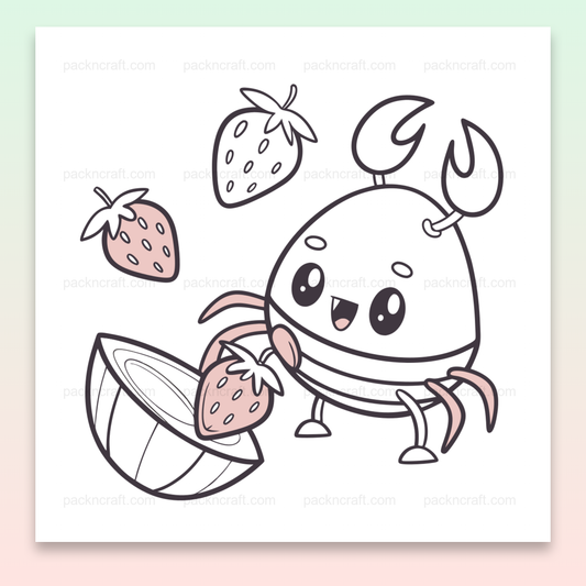 Crabe joyeux avec fraises volantes en style pastel, parfait pour DIY et éducatif