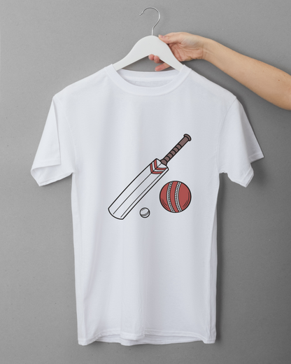 T-shirt sportif avec batte de cricket dynamique sur fond neutre