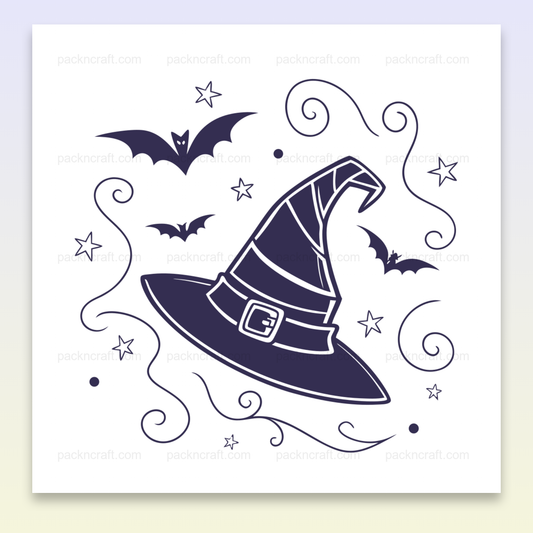 Illustration d'un chapeau de sorcière entouré de chauves-souris pour Halloween, usage DIY et papeterie