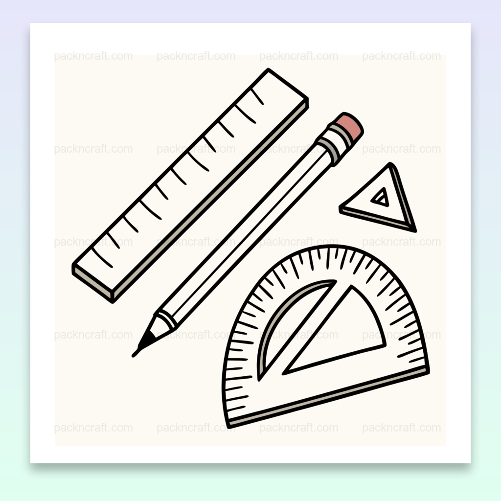 Illustration de kit de dessin minimaliste avec crayon, règle, rapporteur et équerre, idéale pour papeterie et projets créatifs