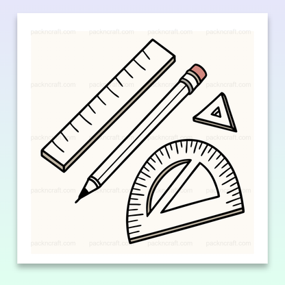 Illustration de kit de dessin minimaliste avec crayon, règle, rapporteur et équerre, idéale pour papeterie et projets créatifs