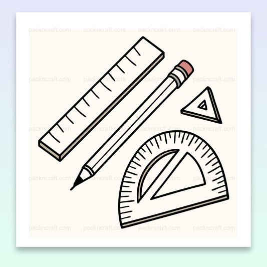 Illustration de kit de dessin minimaliste avec crayon, règle, rapporteur et équerre, idéale pour papeterie et projets créatifs