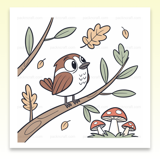 Illustration d'un oiseau curieux sur une branche en automne, pour projets DIY.