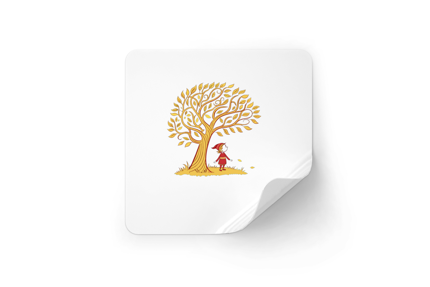 Sticker décoratif avec scène automnale, enfant rêveur sous arbre captivant