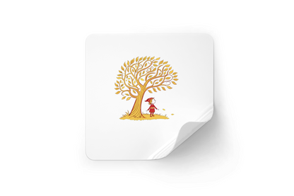 Sticker décoratif avec scène automnale, enfant rêveur sous arbre captivant