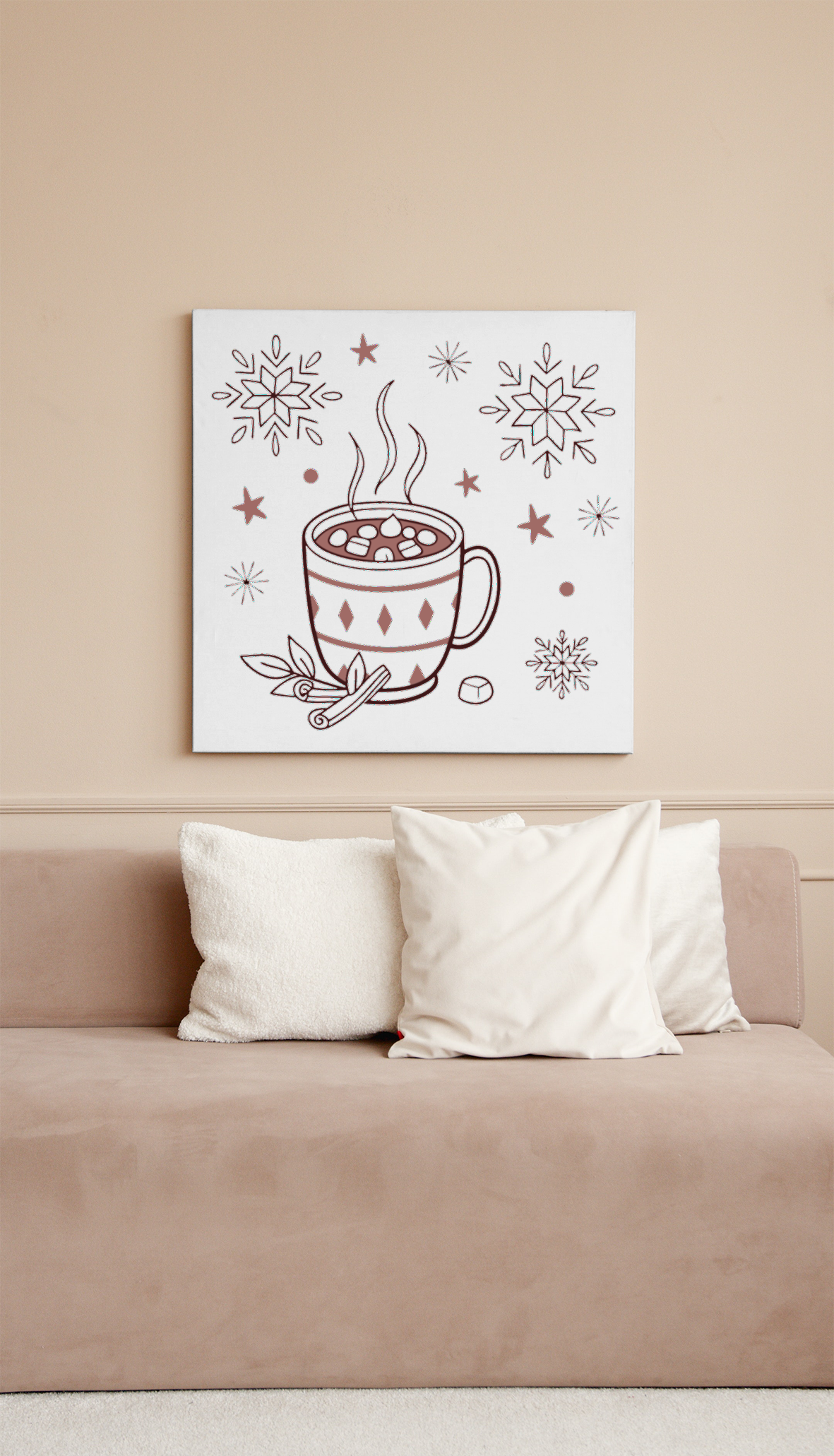 Cadre décoratif avec chocolat chaud fumant en style hivernal et thème cosy