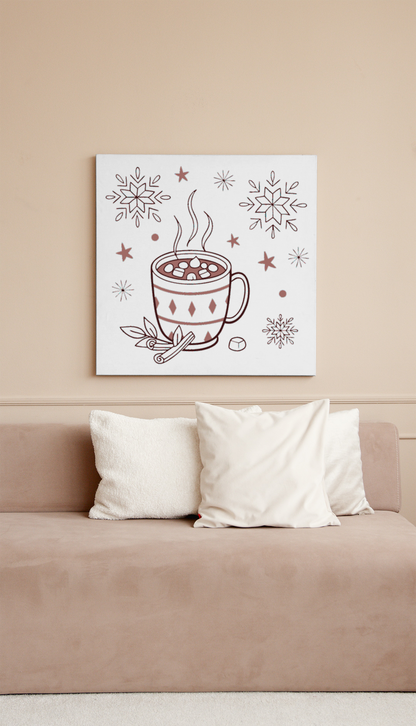 Cadre décoratif avec chocolat chaud fumant en style hivernal et thème cosy