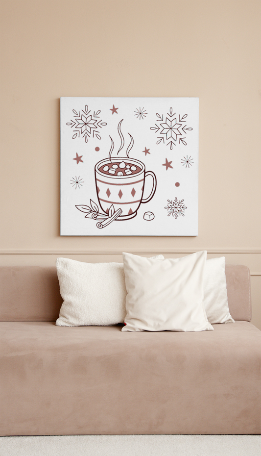 Cadre décoratif avec chocolat chaud fumant en style hivernal et thème cosy