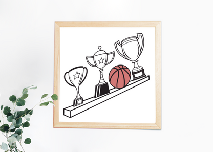 Cadre sportif avec icône vectorielle de trophées et ballon de basket