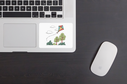 Sticker coloré montrant un cerf-volant flottant dans le ciel idéal pour journées extérieures