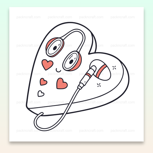 Illustration de cœur avec écouteurs, symbole d'amour et de musique, style vectoriel minimaliste.