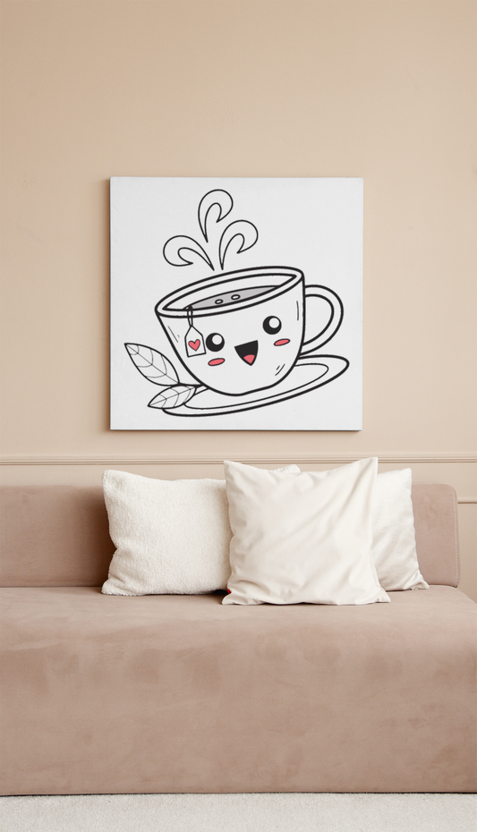 Cadre mignon affichant une tasse joyeuse éclaboussant sur fond pastel