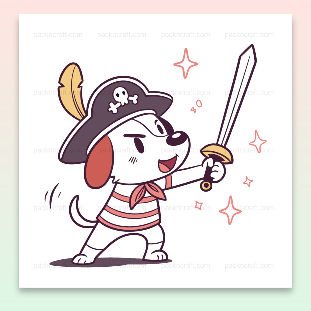 Illustration d'un chien en costume de pirate, style kawaii pour projets créatifs, stickers ou papeterie.