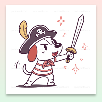 Illustration d'un chien en costume de pirate, style kawaii pour projets créatifs, stickers ou papeterie.