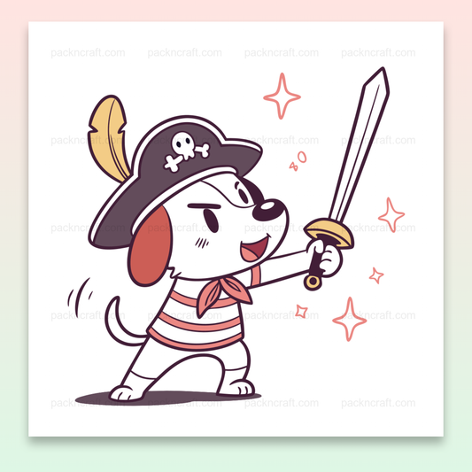 Illustration d'un chien en costume de pirate, style kawaii pour projets créatifs, stickers ou papeterie.