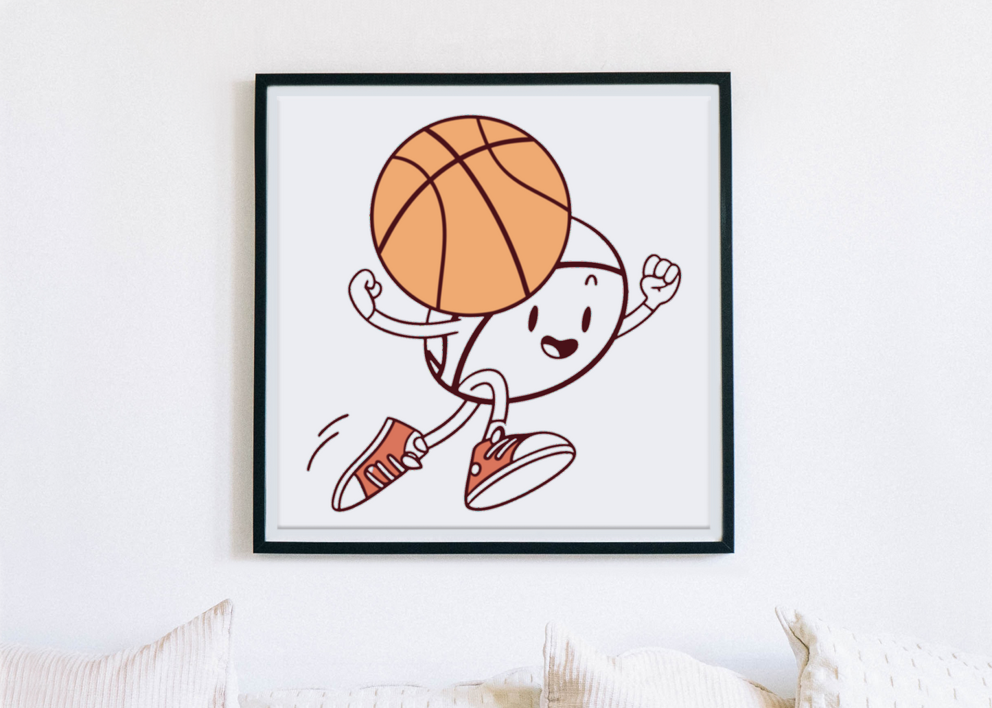 Cadre amusant avec un ballon de basket cartoon en pleine action de dribble