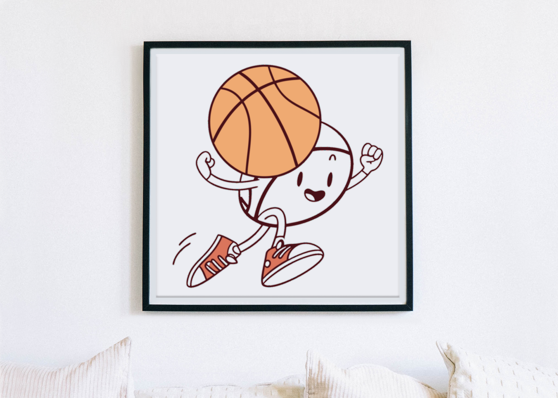 Cadre amusant avec un ballon de basket cartoon en pleine action de dribble
