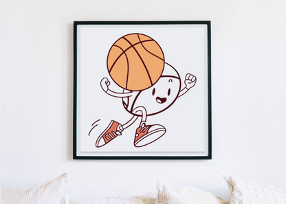 Cadre amusant avec un ballon de basket cartoon en pleine action de dribble