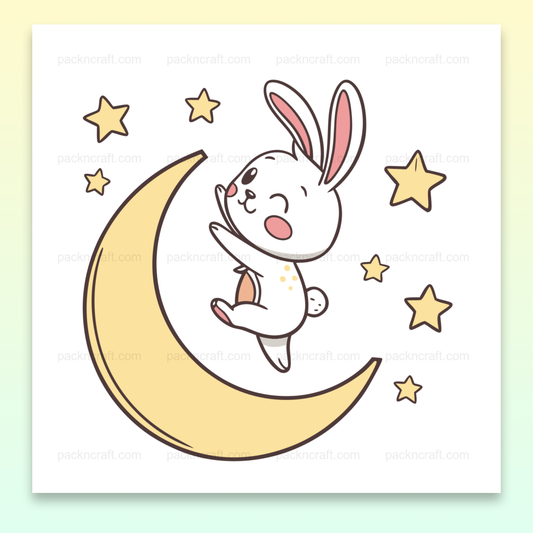 Illustration d'un lapin joyeux sur une lune entourée d'étoiles. Usage en déco, papeterie.