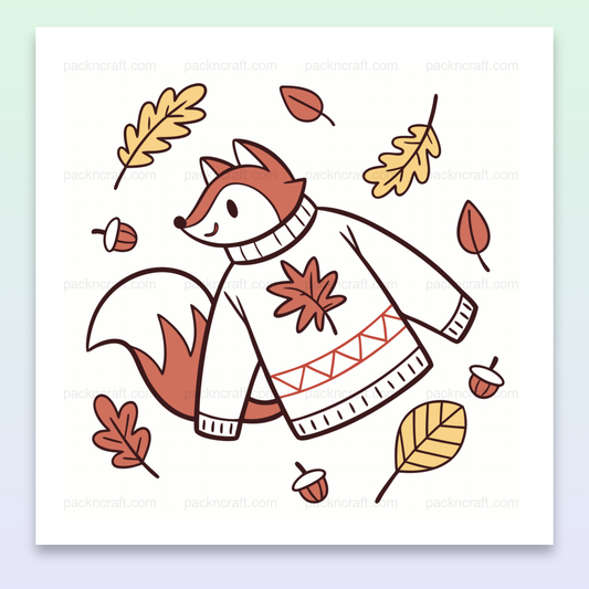 Illustration de renard en pull avec feuilles, idéale pour déco automnale