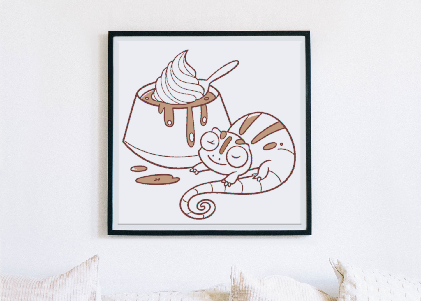 Cadre décoratif montrant un caméléon pastel relaxant sur un fond thème desserts