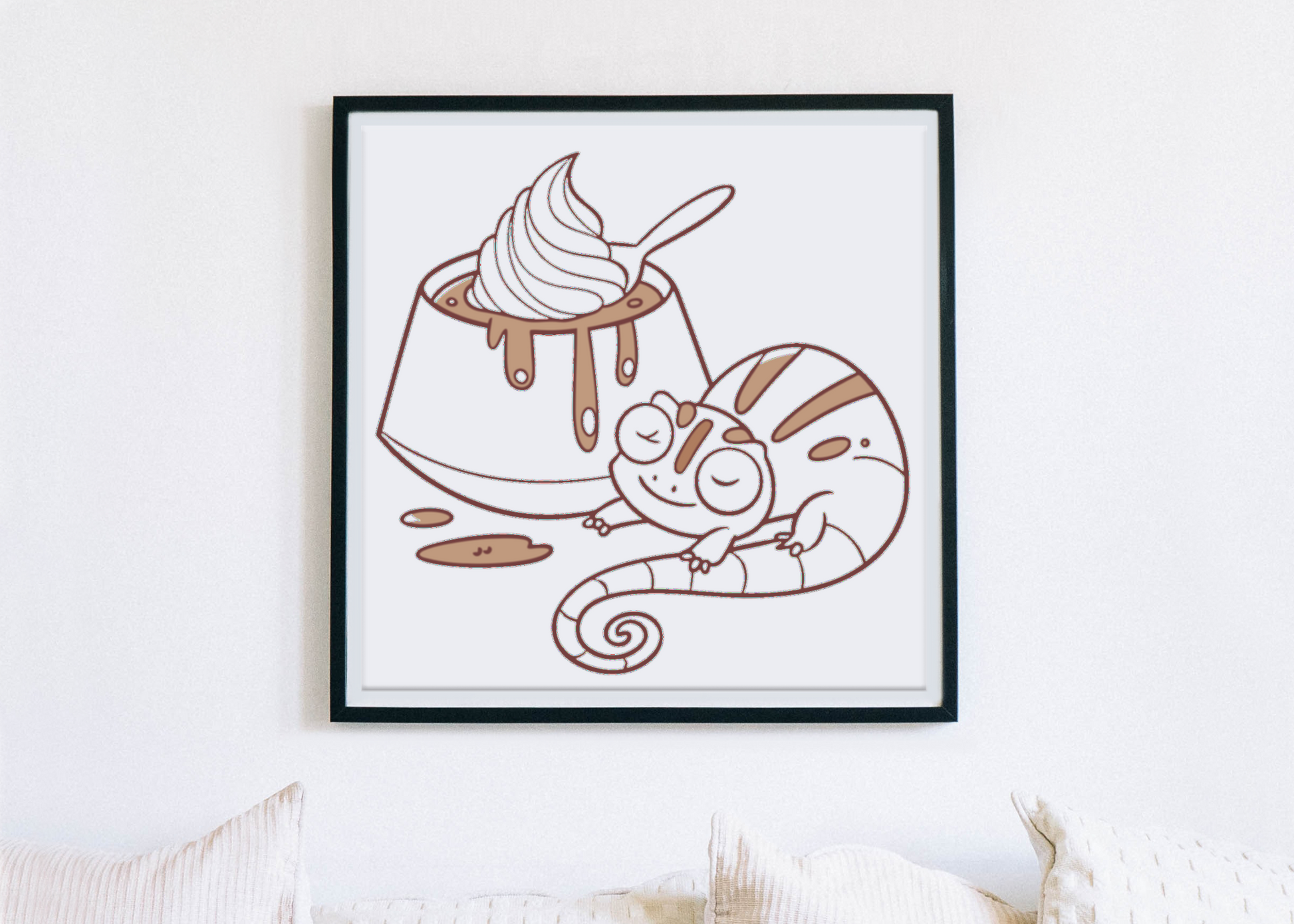 Cadre décoratif montrant un caméléon pastel relaxant sur un fond thème desserts