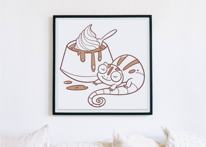 Cadre décoratif montrant un caméléon pastel relaxant sur un fond thème desserts