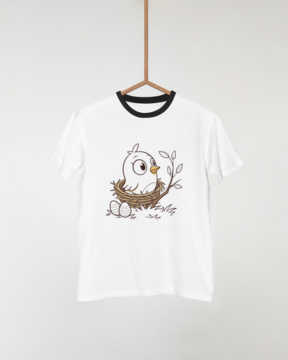 T-shirt amusant avec dessin d'un oisillon curieux dans son nid pour le printemps