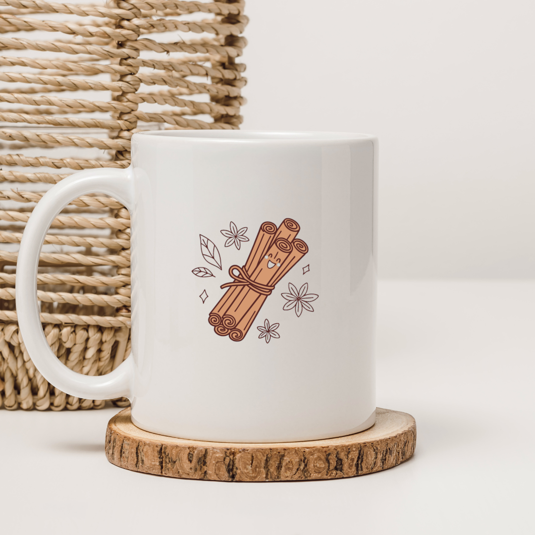 Mug avec dessin de bâton de cannelle caricatural, ambiance gourmande et joyeuse