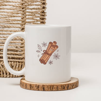 Mug avec dessin de bâton de cannelle caricatural, ambiance gourmande et joyeuse