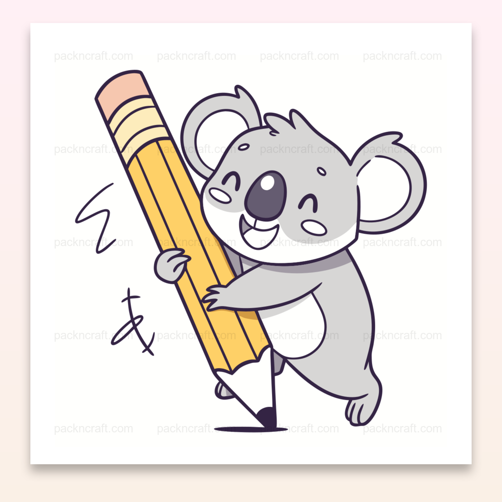 Koala joyeux avec un crayon géant, illustration vectorielle pour projets éducatifs et créatifs