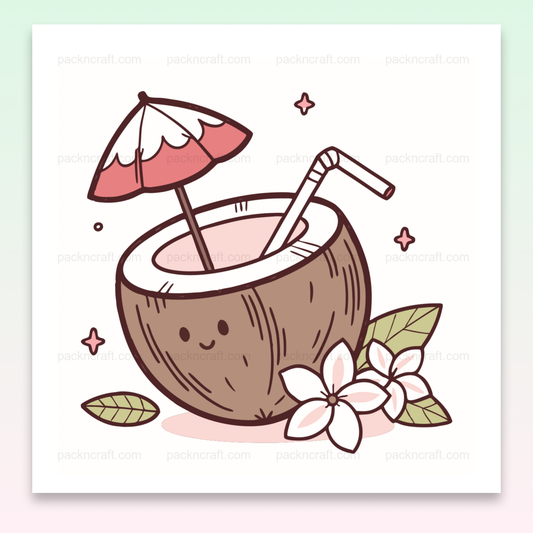 Illustration de noix de coco rigolote sous un parasol pour projets tropicaux DIY et déco.