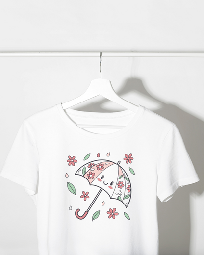 T-shirt à motif parapluie pastel fleuri, ambiance joyeuse et printanière