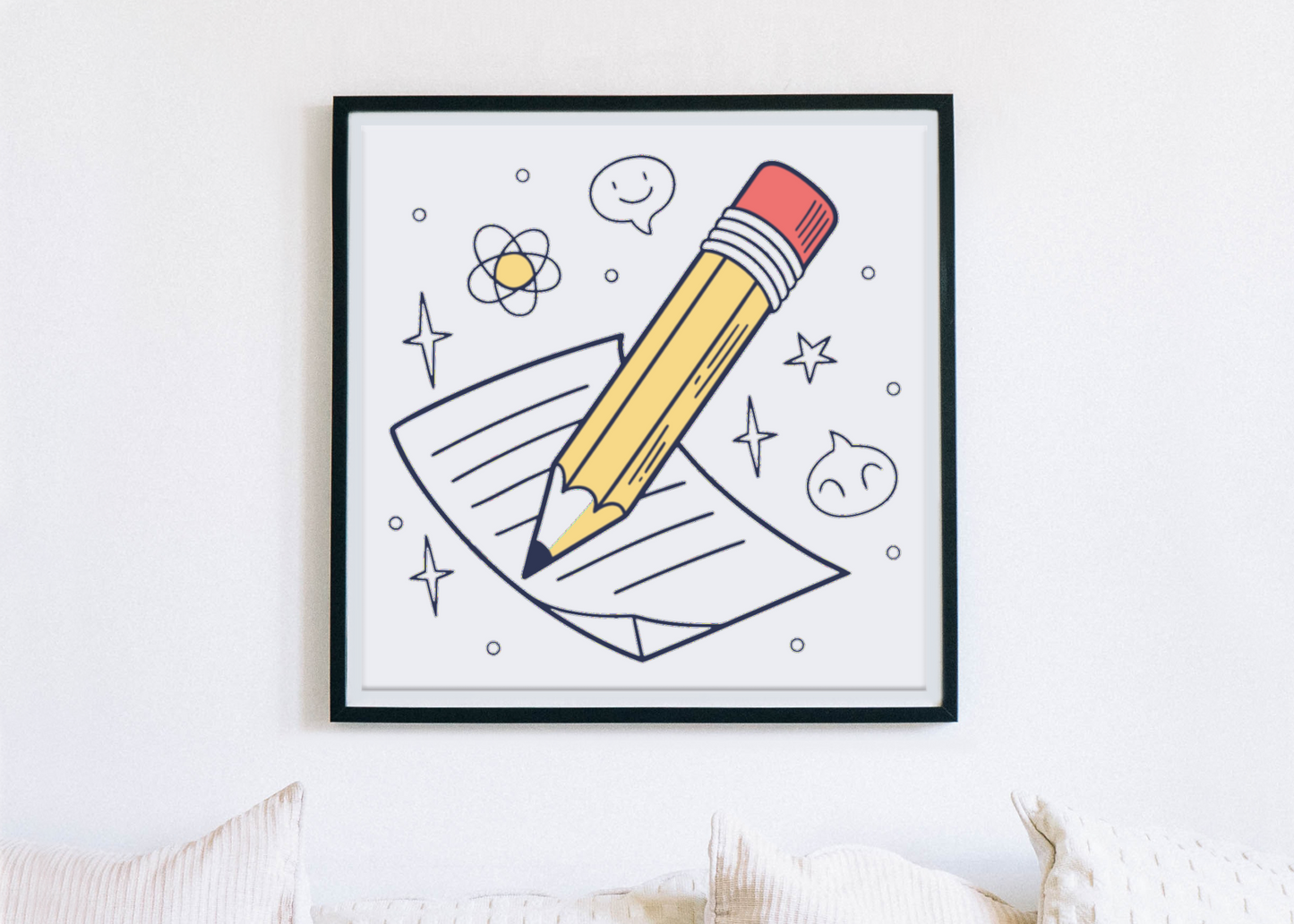 Un cadre moderne avec un crayon souriant illustrant l'éducation créative