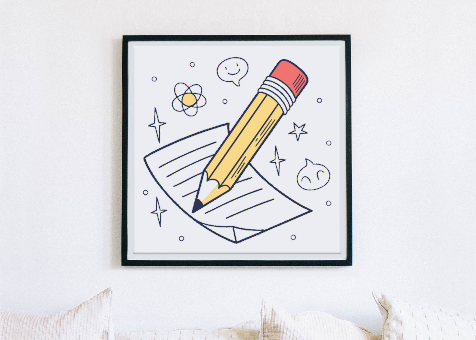 Un cadre moderne avec un crayon souriant illustrant l'éducation créative