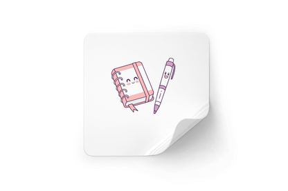 Sticker décoratif pastel avec carnet et stylo, idéal pour un style créatif
