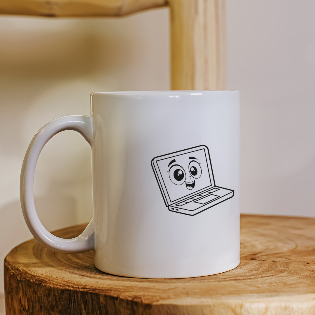 Mug avec motif minimaliste d'un laptop souriant pour un design créatif et unique