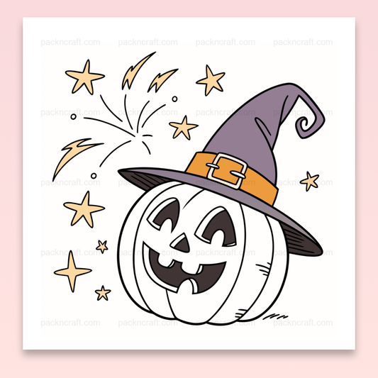 Illustration d'une citrouille souriante sous un chapeau avec des étoiles, idéale pour Halloween DIY.