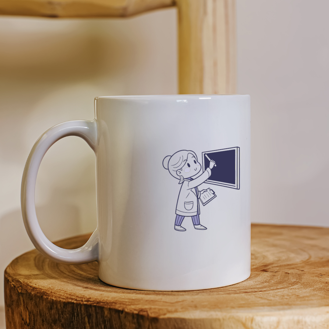 Mug avec motif éducatif d'une enseignante réfléchissant dans un style monochrome