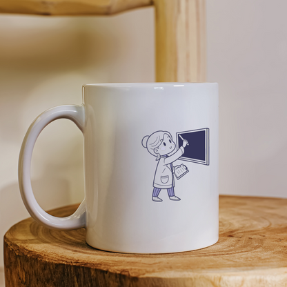 Mug avec motif éducatif d'une enseignante réfléchissant dans un style monochrome