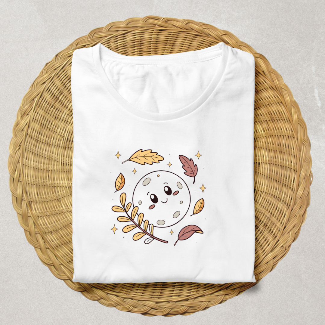 T-shirt arborant une lune souriante pastel en automne sur fond naturel enchanting