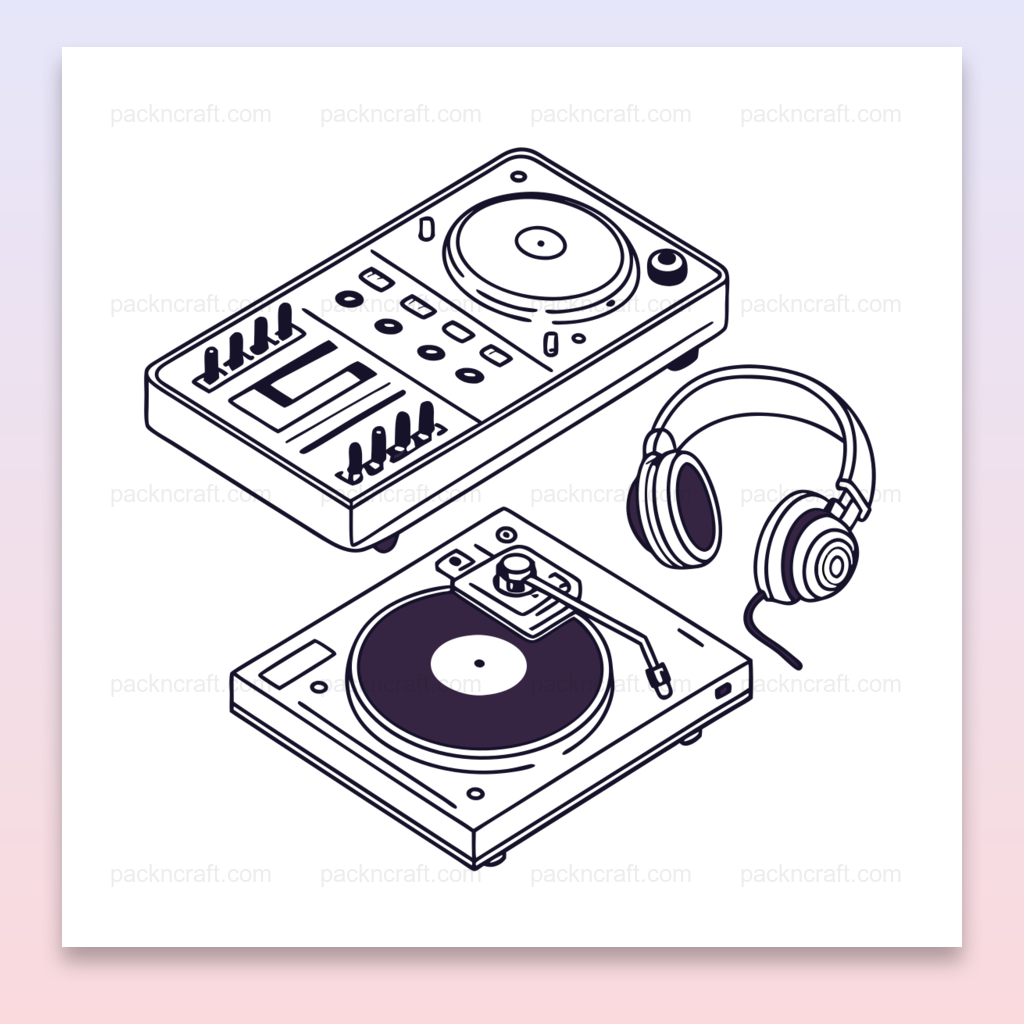 Platines DJ numériques avec casque, parfait pour un événement musical, Sticker de platine DJ pour personnalisation et décoration, Motif de platine DJ sur une tasse pour un cadeau unique, Design platine DJ sur t-shirt pour les amateurs de musique, Cadre artistiquement stylisé avec platines DJ pour décoration murale