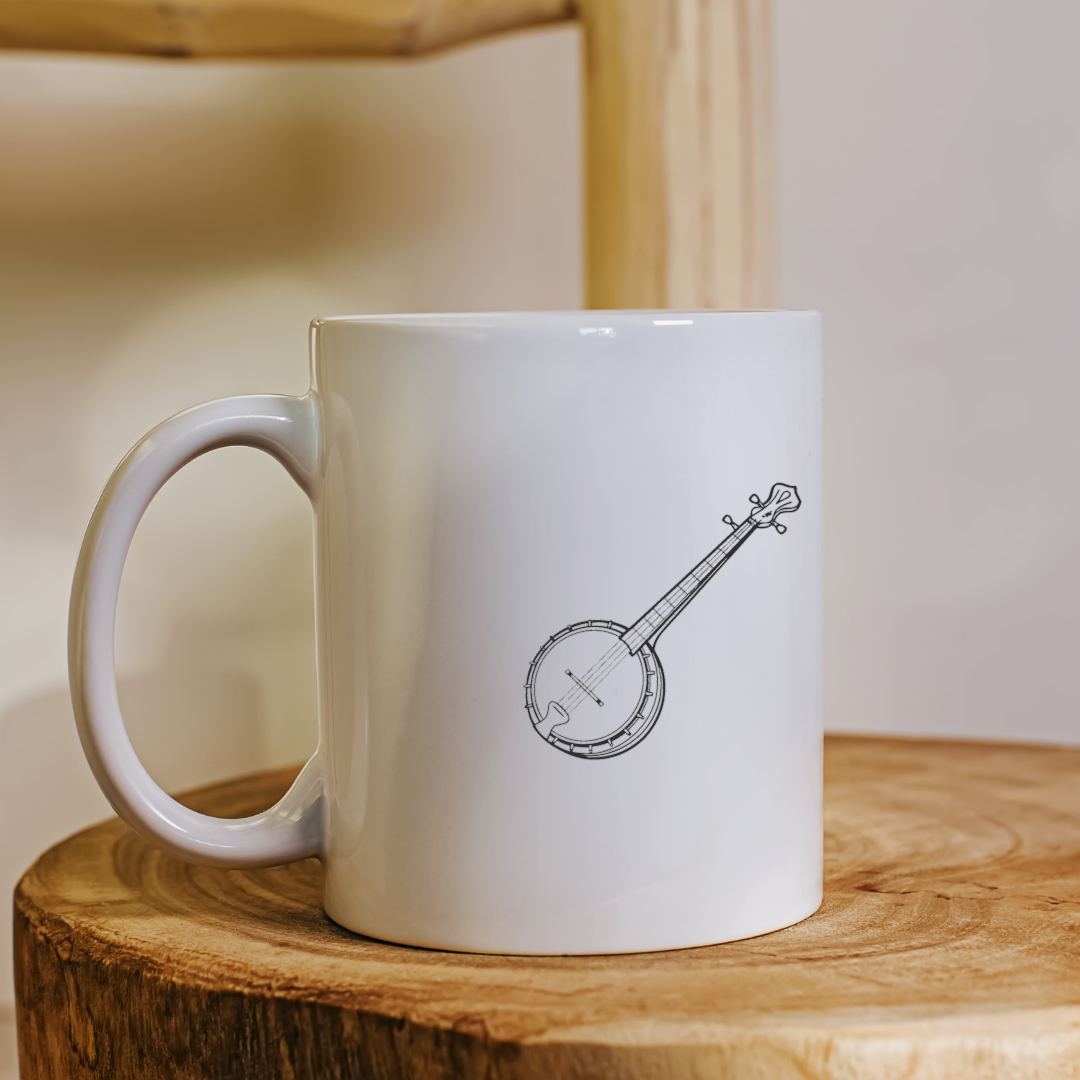 Mug orné d'une icône numérique banjo épurée sur un thème musical minimaliste