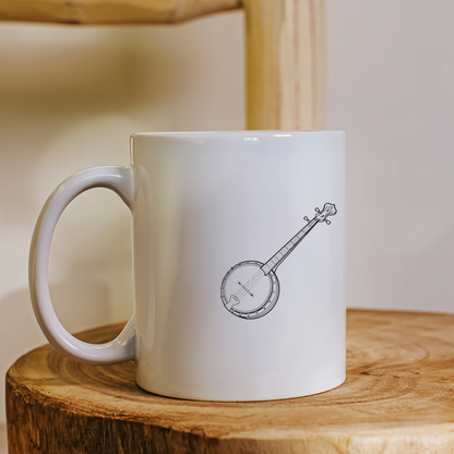 Mug orné d'une icône numérique banjo épurée sur un thème musical minimaliste
